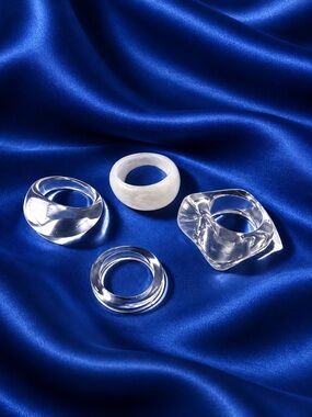 4-Piece Clear & Pearl White Acrylic Geometric Ring Set | New